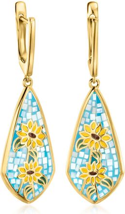 Ross-Simons Mother-Of-Pearl and Multicolored Enamel Sunflower Mosaic Drop Earrings in 18kt Gold Over Sterling