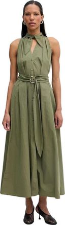 Isabelle Blanche Maxi jurk met strikceintuur en strikdetail bij de hals - Dames - Maxi kleedjes - Groen - S - Katoen - Kleedjes