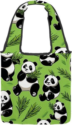 Generic Cute Panda on Green Reversible Canvas Shoulder Tote - Double-Sided Print, 12oz Cotton, 27cm Drop, Fold-Flat Bag for Travel, Shopping, Street Outings