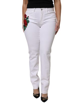 Dolce & Gabbana Womens Floral Embroidered Straight Jeans - White Nylon - Size EU 40 (Womens)