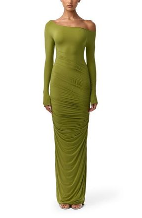 Naked Wardrobe Ruched Off the Shoulder Long Sleeve Maxi Dress in Mojito at Nordstrom, Size X-Large