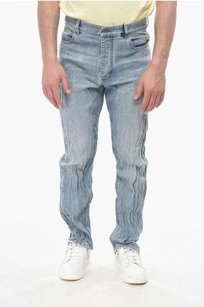 Bottega Veneta Crinkled-Effect Jeans with Woven-Leather Detail 22cm size 48