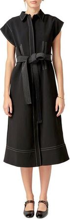 English Factory Contrast Stitch Tie Waist Midi Dress in Black/White at Nordstrom, Size X-Small
