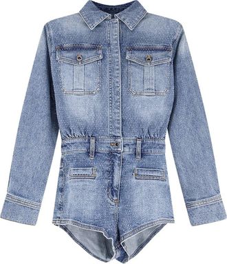 Self Portrait Rhinestone Denim Playsuit