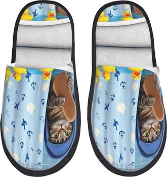 Generic Plush Slippers Funny Cat Taking A Bath Cozy Fuzzy Slippers Non-Slip Anti-Slide Slipper For Bedroom Room Guest Room M