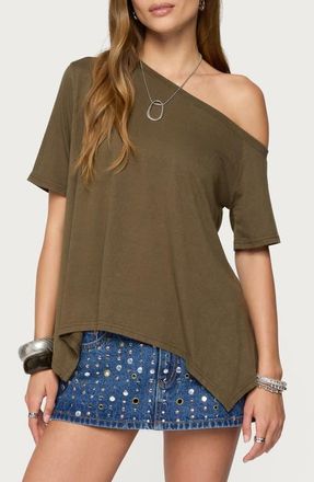 Edikted Josy Oversize Off the Shoulder Handkerchief Hem Top in Olive at Nordstrom, Size X-Small