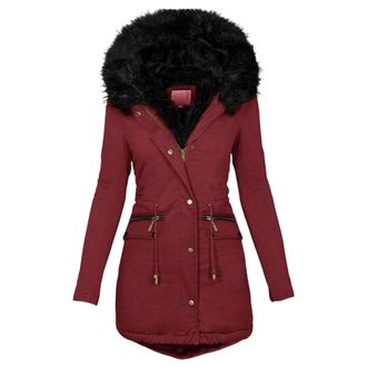 Generic Womens Long Winter Puffer Coat Fleece Lined Waterproof Down Jacket with Faux Fur Hood Thick Warm Parka Zip Pockets Red 5X-Large