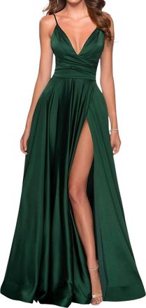 La Femme V-Neck Long A-Line Prom Dress In Emerald