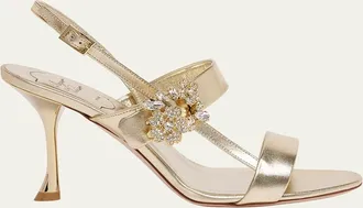 Roger Vivier Mini Bouquet Strass Buckle Metallic Leather Sandals