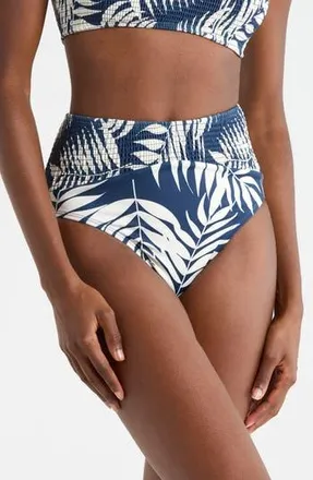 Hutch Smocked High Waist Bikini Bottoms in Navy Paradise Foliage at Nordstrom Rack, Size X-Large