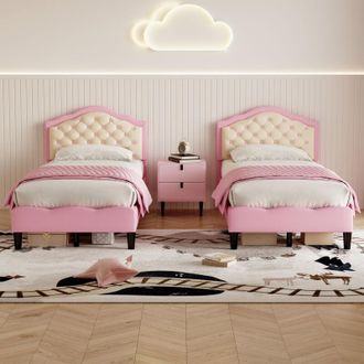 C&A 3ft Single Upholstered Bed Frame with Adjustable Button-Tufted Headboard,PU Leather,Solid Wood Slats,Pink&Beige