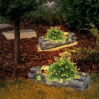 ETC Shop Lampada decorativa per fioriera solare per casa e giardino con effetto tronco dalbero, grigio antico, 1x led bianco caldo, LxA 44,3x13,5 cm, set da 2