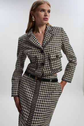 Karen Millen Womens Textured Tweed Pocket Front Tailored Cropped Jacket - Multicolour Cotton - Size 12 UK