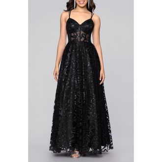 Blondie Nites Strappy Illusion Bodice Ballgown in Black at Nordstrom, Size 13