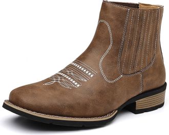 Generic Mens Western Cowboy Boots PU Leather Ankle Chelsea Boots Slip-On Embroidered Round Toe Retro Ranch Riding Classic Durable Casual Dress Fashion Footwea