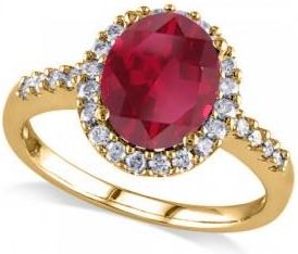 Allurez Oval Lab Ruby & Halo Lab Grown Diamond Engagement Ring 14k Yellow Gold 3.57ct