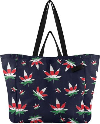 Generic Leaves Flag Black print Reusable Canvas Tote Bag, Heavy Duty Grocery Shopping Bag with Hard Bottom Double Handles Large Capacity Work Groceries Travel
