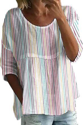 Generic Cotton Blouses for Women UK, Linen Tops for Women UK, 3/39 Sleeve Crew Neck Boho T-Shirts Elegant Floral Print Blouses Breathable Lightweight Shirts B