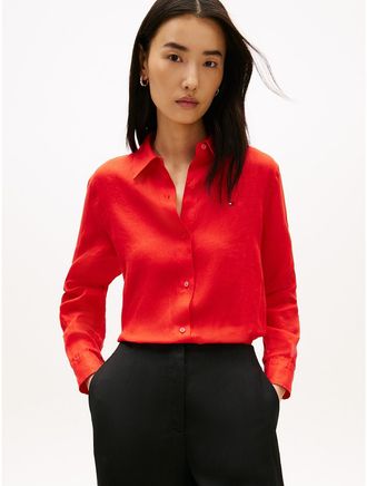 Tommy Hilfiger Womens Long-Sleeve Linen Shirt - Orange - 10