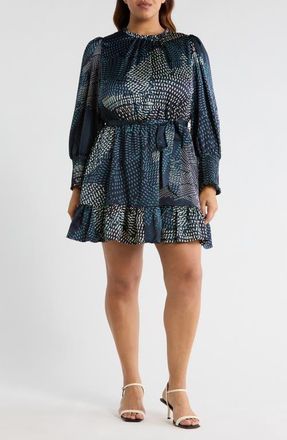 Sugarlips Kirby Geometric Sevilla Satin Long Sleeve Dress in Navy-Cream at Nordstrom, Size 1 X