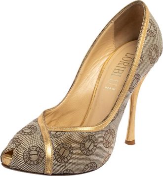 Loriblu Beige Canvas Monogram Peep Toe Pumps