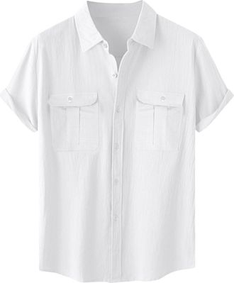 Generic Mens Shirt Male Hawaii Plain Color Shirt Short Sleeve Pocket Turn Down Button Sleeve Mens Clothing (White, XXXL)