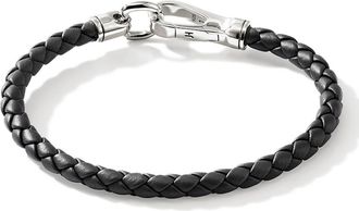 John Hardy Mens Braided Leather Bracelet in Black/Silver at Nordstrom, Size Xx-Large