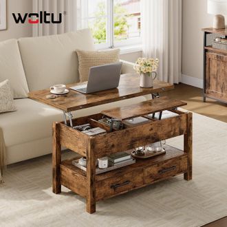 Woltu Woltu Mesa De Centro Elevable, Mesa De Centro Moderna Elevable Para Sof&aacute; De Sala De Estar Con Almacenamiento Oculto, Compartimento Abierto Y 2 Cajones