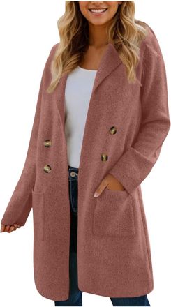 Generic Ladies Wool Coats Trendy Mid-Long Wool Blend Pea Coat Notched Lapel Double Breasted Trench Coat Autumn Winter Lightweight Warm Overcoat With Pockets,H