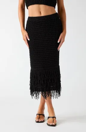 Guess Remi Open Stitch Fringe Midi Skirt in Black at Nordstrom, Size X-Small