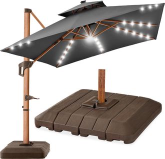 Best Choice Products 10ft Square Woodgrain Pattern 2-Tier Outdoor Solar LED Cantilever Umbrella w/ Base