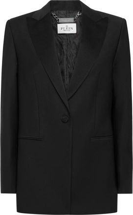 Philipp Plein Jassen, Dames, Zwart, L, Wol, Wollen Blazer Boyfriend Fit Face Strass