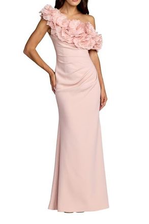 Mac Duggal Crepe One Shoulder Gown with 3D Floral Applique in Blush at Nordstrom, Size 12