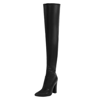 Generic Black,4.5 UK,Womens Thigh High Boots Over The Knee Boot Pointed Toe Chunky Heels Long Boot Leather PU Side Zipper Comfy Party Dress Shoes
