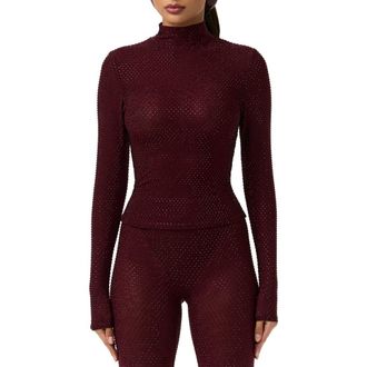 Naked Wardrobe Rhinestone Long Sleeve Top in Dark Plum at Nordstrom, Size X-Small