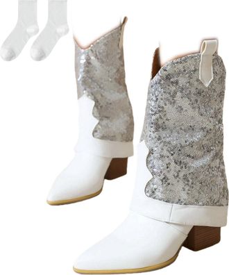 Generic Womens Western Ankle Boots with Low Block Heel, Fashionable Mid-Calf Boots with Pointed Toe Design And Glitter Sequins, Comfortable Slip-On Boots for 