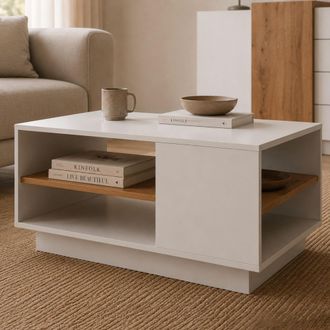 Dmora Mesa De Centro Karada, 2 Compartimentos, Forma Rectangular, Tapa Color Blanco, 100x46x60h Cm Blanco