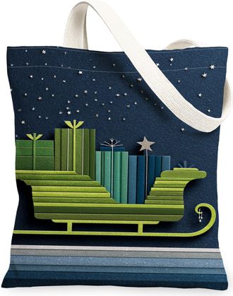 Generic Christmas Sleigh Canvas Tote Bags, Holiday Gift Pattern Reusable Bags, Winter Lightweight Washable Shoulder Strap Canvas Fo, Navy, 13x15 Inch