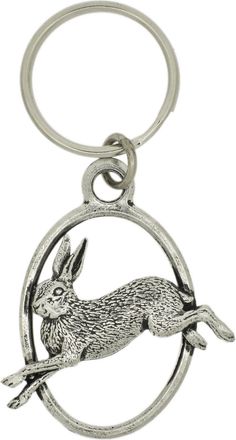 Generic English Pewter Running Hare Keyring, Oval Design, Velvet Gift Pouch Included