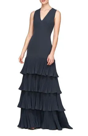 Kay Unger Angelique Pleated Tiered Sleeveless Gown in French Navy at Nordstrom Rack, Size 2