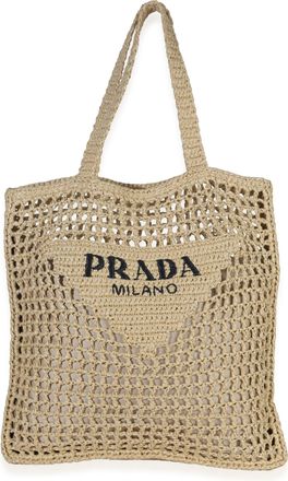 Prada Raffia Effect Logo Crochet Tote