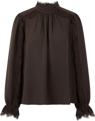 Marc Cain Vloeiende blouse met kant - Dames - Blouses - Bruin - XL - Overhemden