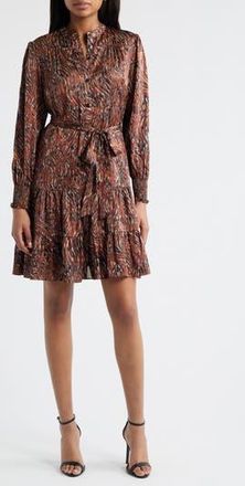 Julia Jordan Tiered Long Sleeve Tie Waist Button Front Satin Dress in Brown Multi at Nordstrom Rack, Size Large