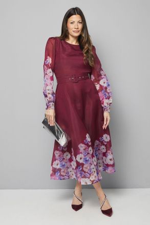 Wallis Womens Organza Floral Print Belted Midi Dress - Berry - Size 14 UK