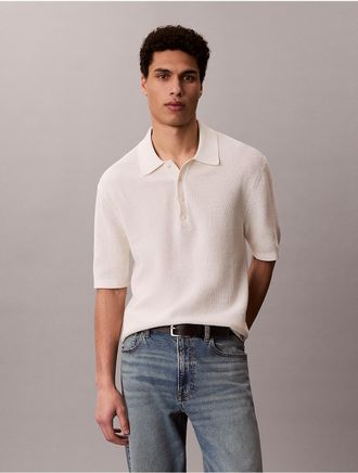 Calvin Klein Jeans Calvin Klein Mens Smooth Cotton Waffle Sweater Polo Shirt - White - 2XL