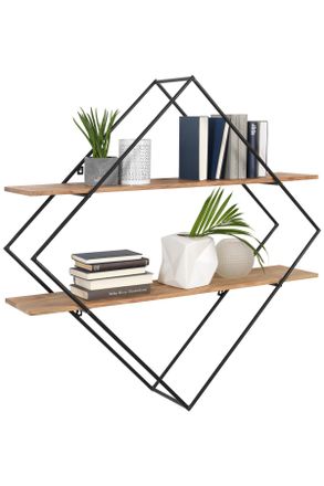 Ambia Home Wandregal, Akaziefarben, Dunkelgrau, Holz, Metall, Akazie, massiv, 107x107x26 cm, Wohnzimmer, Regale, Wandregale