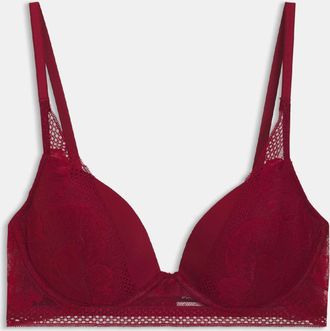 HUGO BOSS Damesbeha Boss van microvezel met diepe V-hals en pioenrozenkant in rood