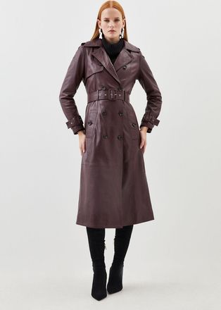 Karen Millen Womens Leather Trench Belted Mac Midi Coat - Red - Size 14 UK