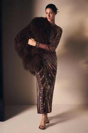 Karen Millen Womens Premium Mirrored Crystal Embellished Woven Long Sleeve Column Dress - Red - Size 14 UK