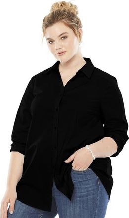 Roaman's Plus Size Kate Long Sleeve Easy Cotton Blend Button Front Shirt in Black at Nordstrom, Size 32